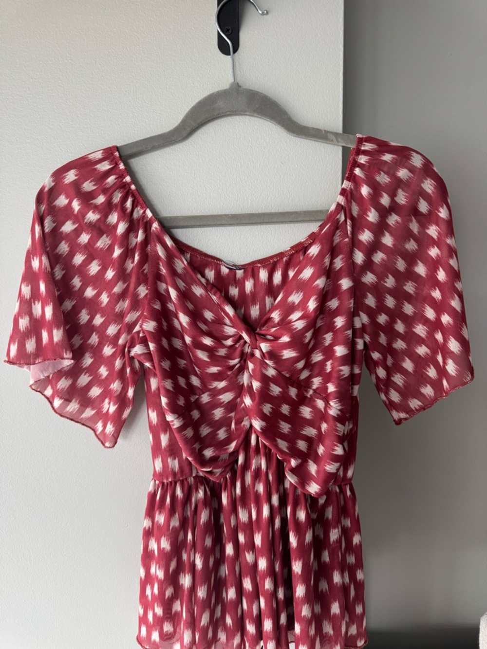 Red and White Ikat Tie-Front Peplum Top
